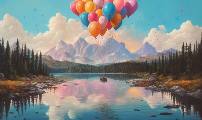  a painting of a boat floating in a lake with many balloons floating in the air above it and mountains in the distance with a few clouds.  generative ai