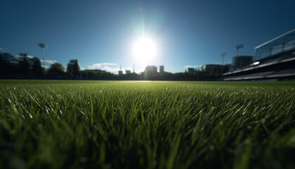 Green meadow, bright sun, soccer ball success generated by AI