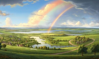 Obraz premium a painting of a rainbow in the sky over a green valley with a river and a rainbow in the sky with a rainbow in the sky. generative ai