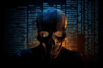 human skull with binary code, A Captivating Visual Composition: A Dark and Lighted Screen with a Silhouette of a Skull, Illuminated by Intricate Computer Code