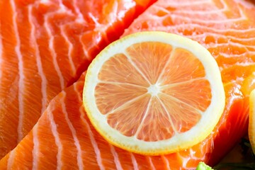 Captivating Top Close-Up of Fresh raw Salmon fish Fillet with Zesty Lemon Slice, in Stunning 4K Resolution