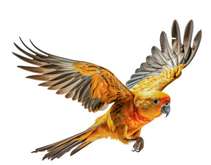 Fototapeta na wymiar Flying yellow macaw parrot isolated on the transparent background PNG. AI generative. 