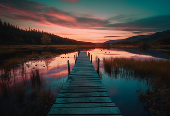 Fototapeta premium sunset on lake with a dock and trees, in the style of light cyan and dark brown, uhd image