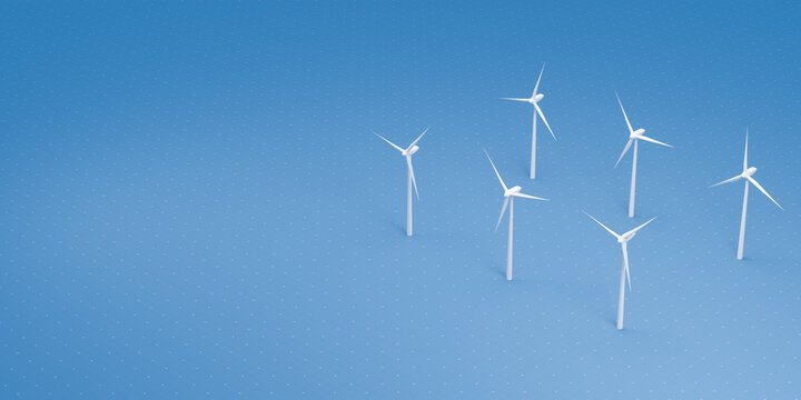 Wind turbine plant aerial view, Alternative sustainable green energy, Eco friendly and renewable clean power for environment, 3d rendering isometric industry concept