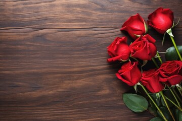 Naklejka na ściany i meble red roses bouquet flower with wooden desk AI Generated