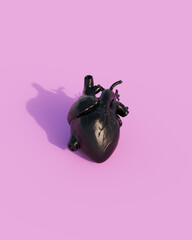 Black shiny heart human organ anatomy sunlight generation gen z pink background 3d illustration render digital rendering