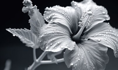  a black and white photo of a flower with water droplets on it's petals and a stem with a stem with a budding.  generative ai