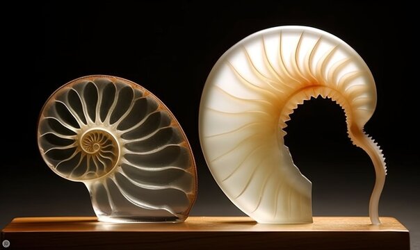  a sculpture of a nautilus on a wooden base with a black background and a white shell on a wooden base with a black background.  generative ai