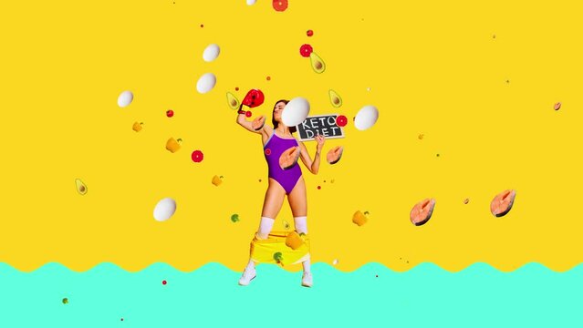 Keto diet. Healthy, sportive, slim woman following healthy diet with fruits and vegetables over bright yellow background. Stop motion, animation. Concept of food, creativity. Modern design