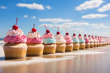 Image of cupcakes in a line on the beach printed on Printed Glass Splashbacks