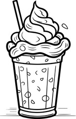 Milkshake Line Art. Illustration for menu, flyers, cafe, restaurants, catering. Milkshake, coffee with whipped cream, smoothies, coffee Glasse , granite, juice with ice, latte, cocoa