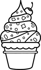 Ice cream cone black and white line art icon. Coloring book page for adults and kids. Summer fast food vector illustration for gift card, flyer, certificate or banner, icon, logo, patch, sticker