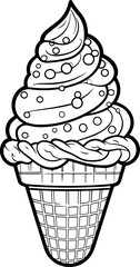 Ice cream cone black and white line art icon. Coloring book page for adults and kids. Summer fast food vector illustration for gift card, flyer, certificate or banner, icon, logo, patch, sticker