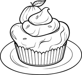 Cake Line Art. Illustration for menu, flyers, cafe, restaurants, catering. Pie with whipped cream, smoothies