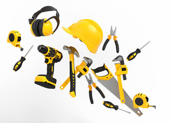 Flying view of yelllow construction tools for repair on white background