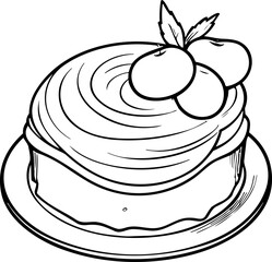 Cake Line Art. Illustration for menu, flyers, cafe, restaurants, catering. Pie with whipped cream, smoothies