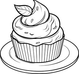 Cake Line Art. Illustration for menu, flyers, cafe, restaurants, catering. Pie with whipped cream, smoothies