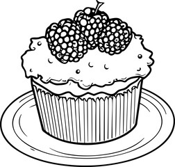 Cake Line Art. Illustration for menu, flyers, cafe, restaurants, catering. Pie with whipped cream, smoothies