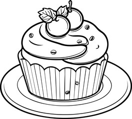 Cake Line Art. Illustration for menu, flyers, cafe, restaurants, catering. Pie with whipped cream, smoothies