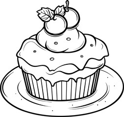 Cake Line Art. Illustration for menu, flyers, cafe, restaurants, catering. Pie with whipped cream, smoothies