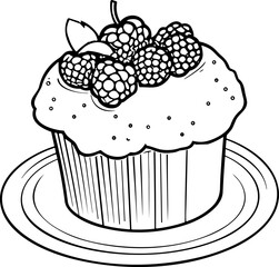 Cake Line Art. Illustration for menu, flyers, cafe, restaurants, catering. Pie with whipped cream, smoothies