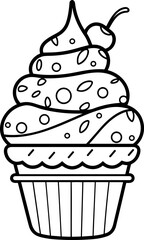 Ice cream cone black and white line art icon. Coloring book page for adults and kids. Summer fast food vector illustration for gift card, flyer, certificate or banner, icon, logo, patch, sticker