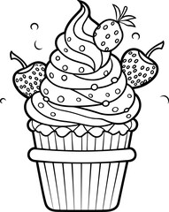 Ice cream cone black and white line art icon. Coloring book page for adults and kids. Summer fast food vector illustration for gift card, flyer, certificate or banner, icon, logo, patch, sticker