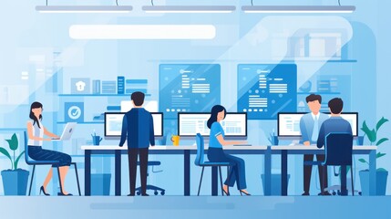 Illustrate a help desk scenario with IT professionals assisting users, troubleshooting technical issues, and providing support