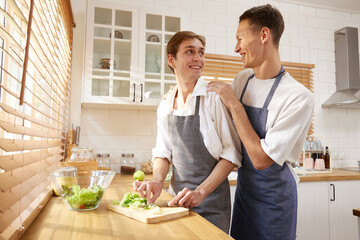 LGBT gay couple cooking vegetables together in the kitchen