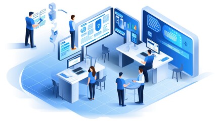 Illustrate a help desk scenario with IT professionals assisting users, troubleshooting technical issues, and providing support