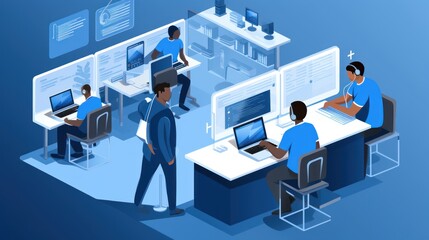 Illustrate a help desk scenario with IT professionals assisting users, troubleshooting technical issues, and providing support - obrazy, fototapety, plakaty