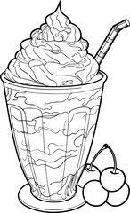 Milkshake Line Art. Illustration for menu, flyers, cafe, restaurants, catering. Milkshake, coffee with whipped cream, smoothies, coffee Glasse , granite, juice with ice, latte, cocoa