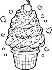 Ice cream cone black and white line art icon. Coloring book page for adults and kids. Summer fast food vector illustration for gift card, flyer, certificate or banner, icon, logo, patch, sticker