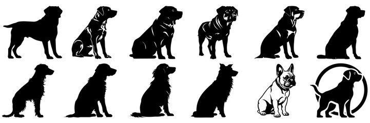 Dog silhouettes set, large pack of vector silhouette design, isolated white background