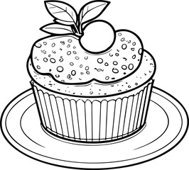 Cake Line Art. Illustration for menu, flyers, cafe, restaurants, catering. Pie with whipped cream, smoothies