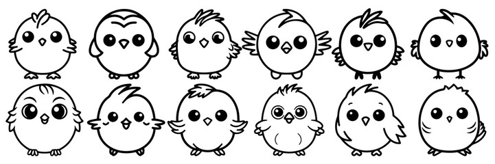 Obraz premium Kawaii bird silhouettes set, large pack of vector silhouette design, isolated white background