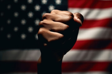 Close-up of a man's hand clenched in a fist. flag America