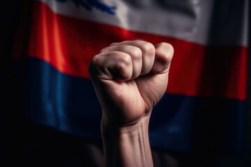 Close-up of a man's hand clenched in a fist. Flag Rossia