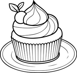 Cake Line Art. Illustration for menu, flyers, cafe, restaurants, catering. Pie with whipped cream, smoothies