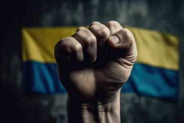 Close-up of a man's hand clenched in a fist. Flag Ukraine