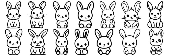 Obraz premium Kawaii rabbit silhouettes set, large pack of vector silhouette design, isolated white background