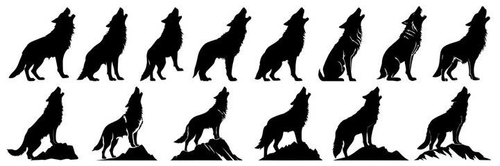 Wolf silhouettes set, large pack of vector silhouette design, isolated white background.
