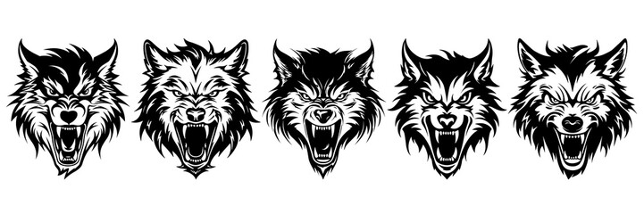 Fototapeta premium Wolf silhouettes set, large pack of vector silhouette design, isolated white background.