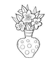 Fototapeta na wymiar Outline bouquet of flowers in vase. Vector illustration. Blooming daisies with leaves in linear doodle style