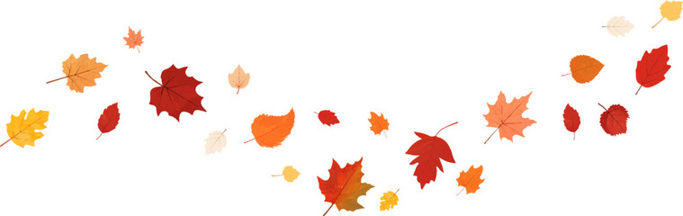 Autumn leaf border.Wave of falling leaves.Leaf fall.Autumn flying leaves.Watercolor leaves in the wind.Autumn leaves seamless border. - obrazy, fototapety, plakaty