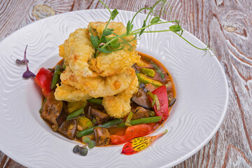 Tempura shrimp with vegetable saute and mushrooms