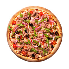 A delicious Italian tuna pizza photographed from above, fast food, white background, isolated, generative ai - obrazy, fototapety, plakaty