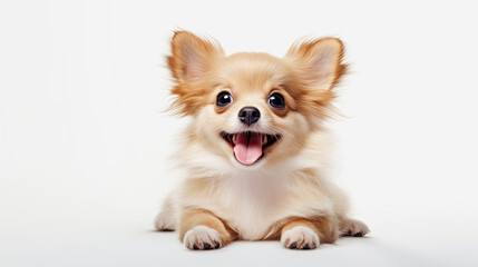 generative ai illustration of a cute small happy dog against white background