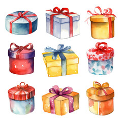 Watercolor Gift Box With Bow Collection. Isolated Festive Illustration for Sales and Gift Patterns