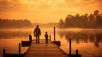 Naklejka na ściany i meble Father and Son early morning fishing trip